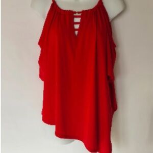 Valentine Red Asymmetrical Cold Shoulder Top with Chain Accents XL